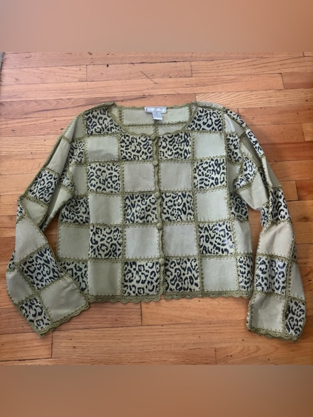 S.M.H Boutique Patchwork Leather Jacket Green Leopard Crochet Trim Boho Size XL